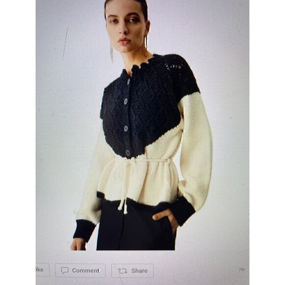 Pointelle Knit Patchwork Tie Front Sweater Commense Black and White Size XS or 2 - Picture 7 of 7